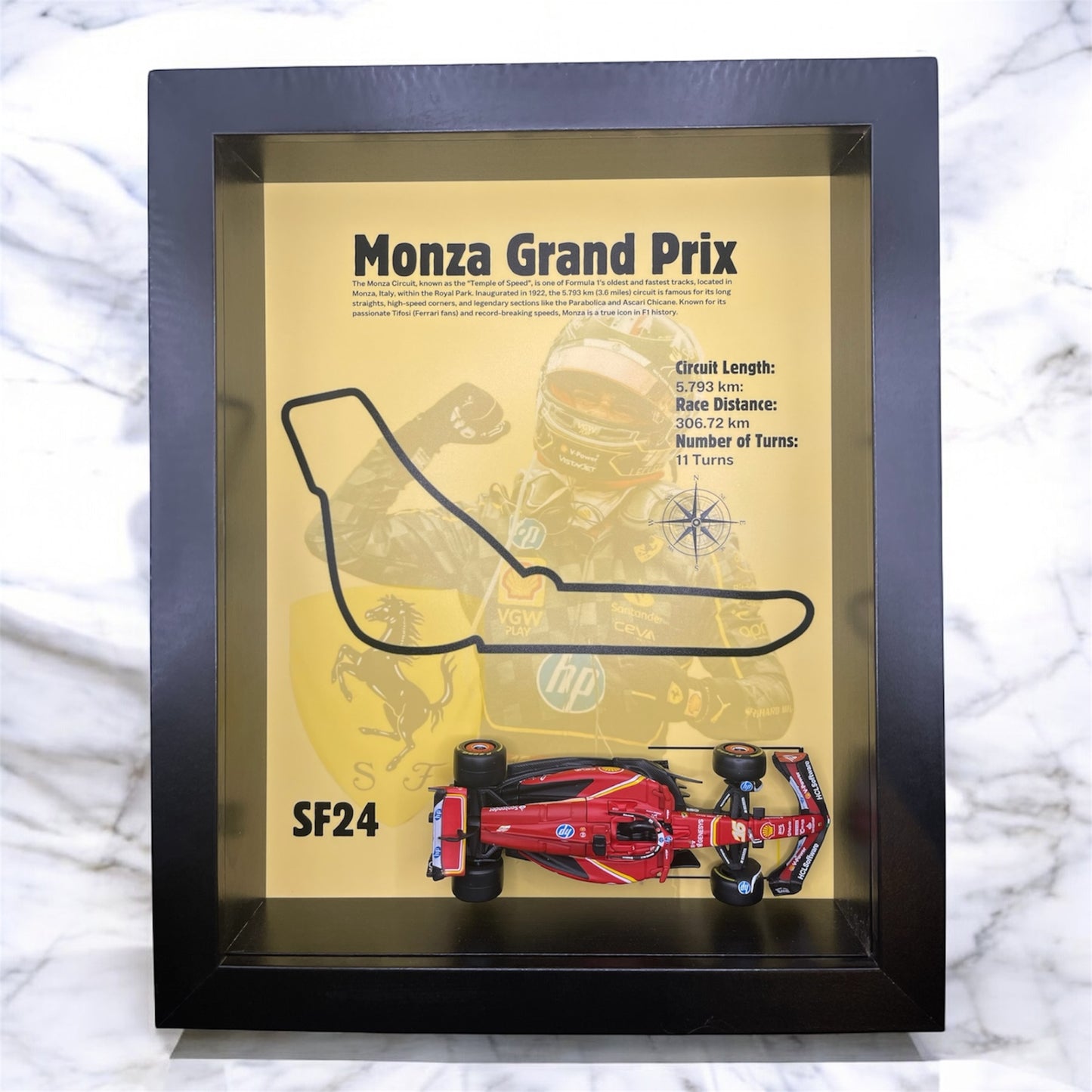 Monza Grand Prix 2024 Shadowbox – 1:43 Charles Leclerc SF24 Model with Black Frame