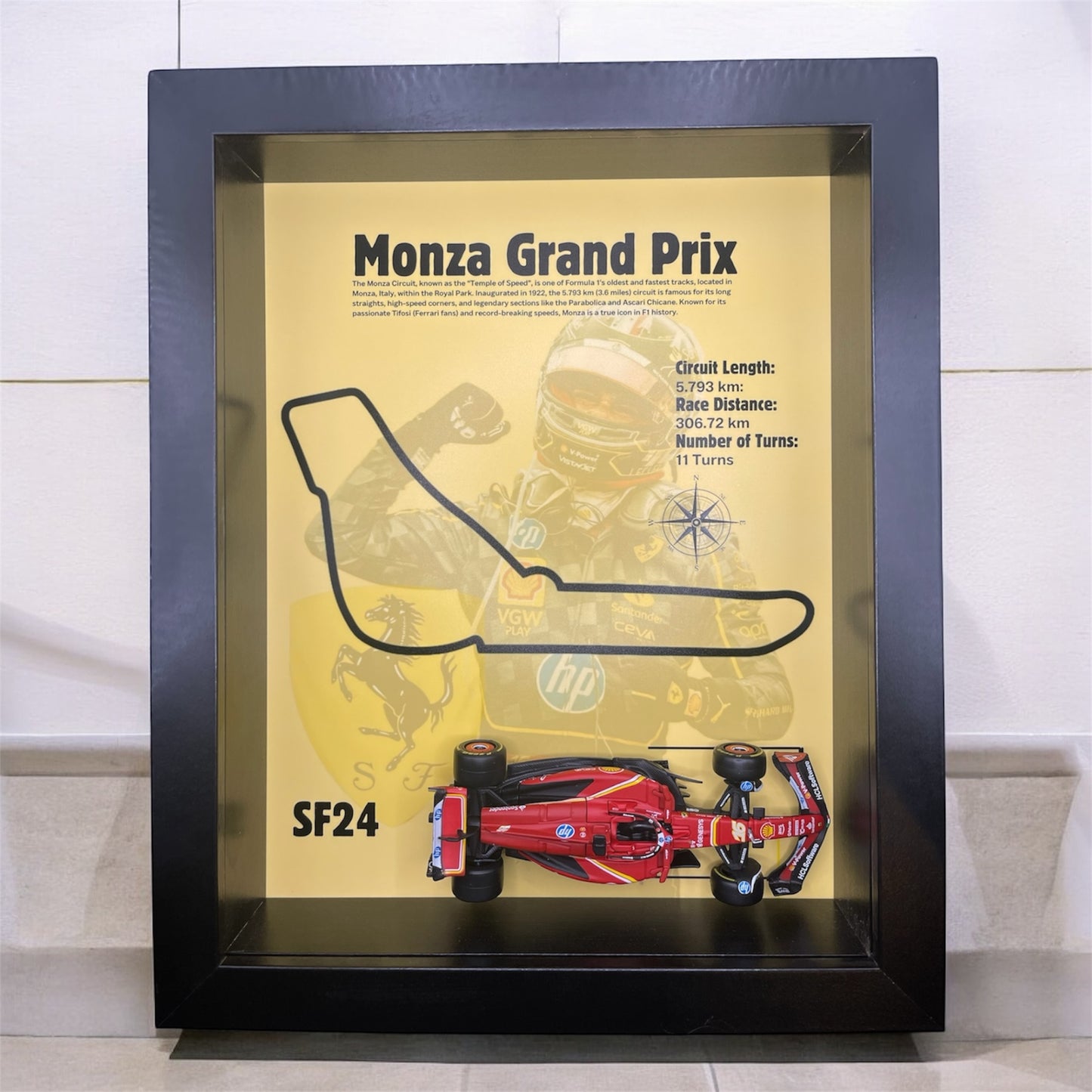 Monza Grand Prix 2024 Shadowbox – 1:43 Charles Leclerc SF24 Model with Black Frame