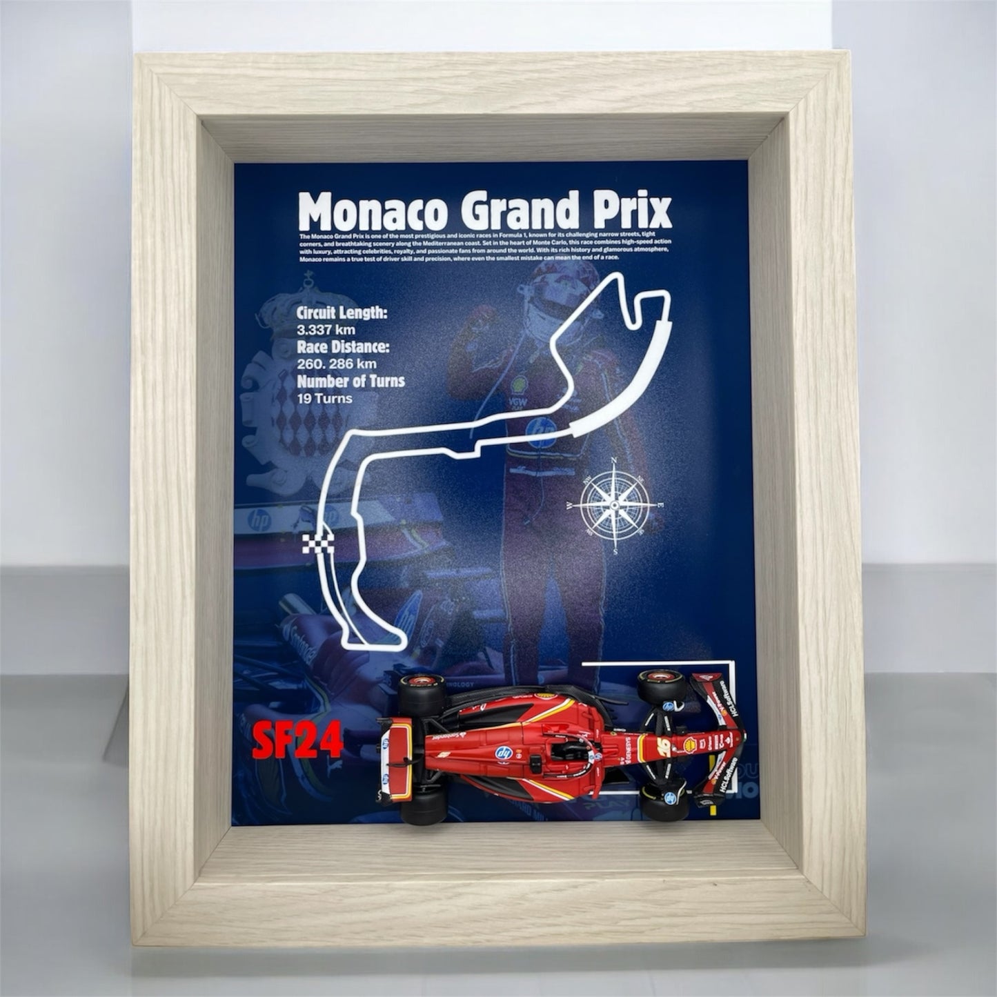 Monaco Grand Prix 2024 Shadowbox – 1:43 Charles Leclerc SF24 Model with White Frame