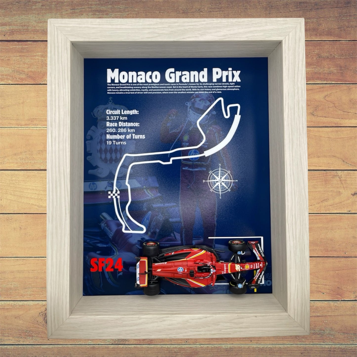Monaco Grand Prix 2024 Shadowbox – 1:43 Charles Leclerc SF24 Model with White Frame