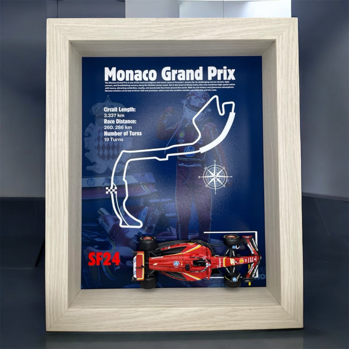 Monaco Grand Prix 2024 Shadowbox – 1:43 Charles Leclerc SF24 Model with White Frame